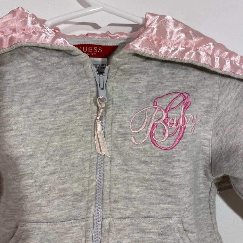 Y2K VTG Guess Embroidered Satin Zip Up Hoodie Jacket Gray Pink 12M Baby Girl